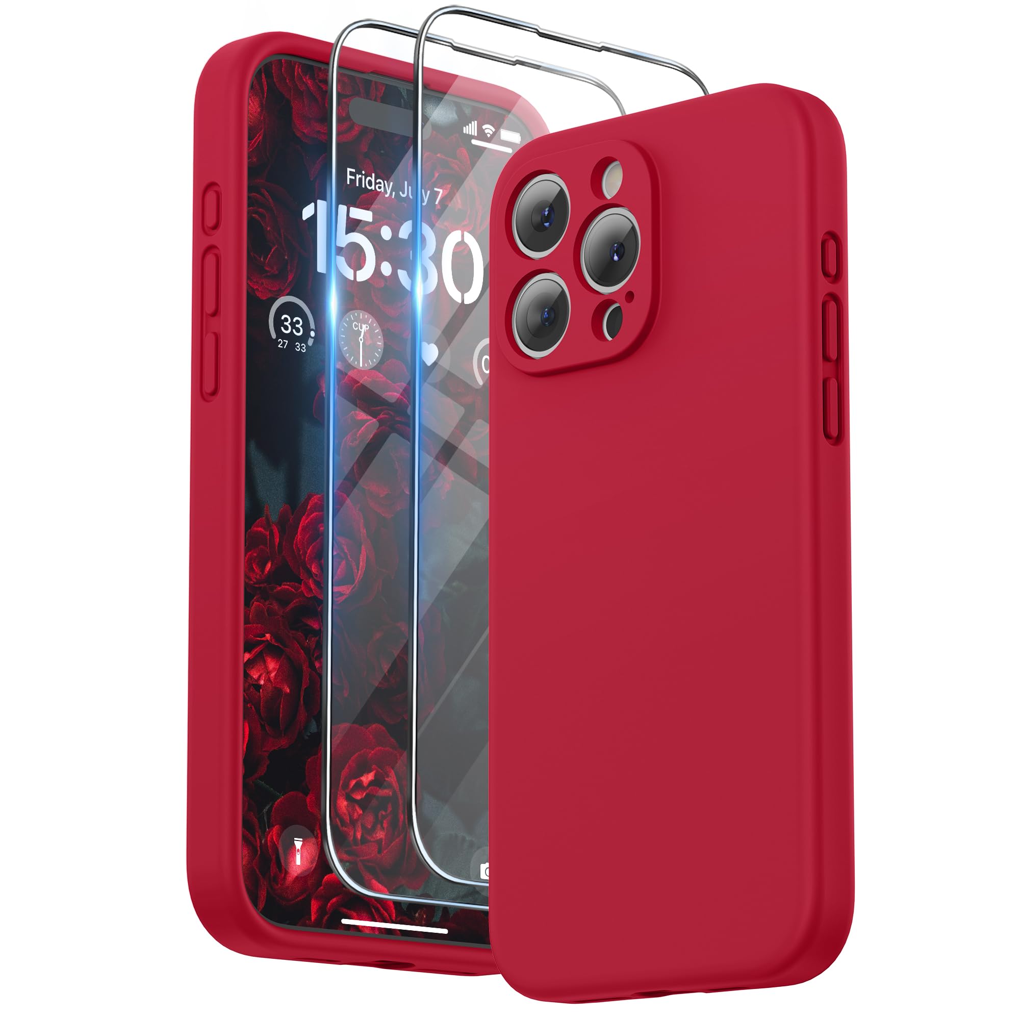 SURPHY Design for iPhone 15 Pro Max Case, Liquid Silicone [2 x Screen Protectors & 1 x Lanyard] Protection for Each Lens Shockproof Cover for iPhone 15 Pro Max 6.7 inch 2023, Red — image 1