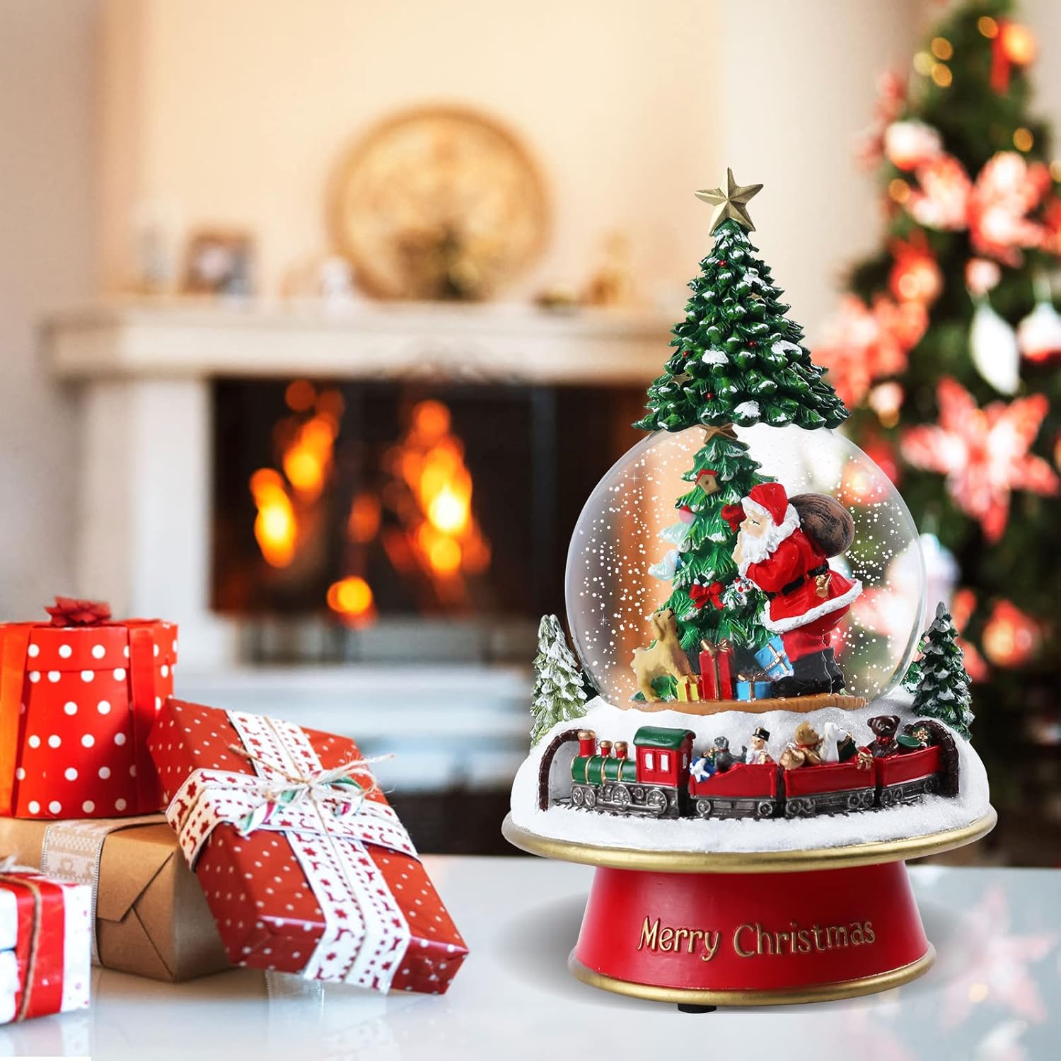 Snow Globes - Bdor Christmas Snow Globe - Santa & Christmas Tree & Moving Train, Snow Globe with Music Box Color Changing Led Lights for Home Decor & Christmas Decorations, Snow Globes for Girls/Women/Kids