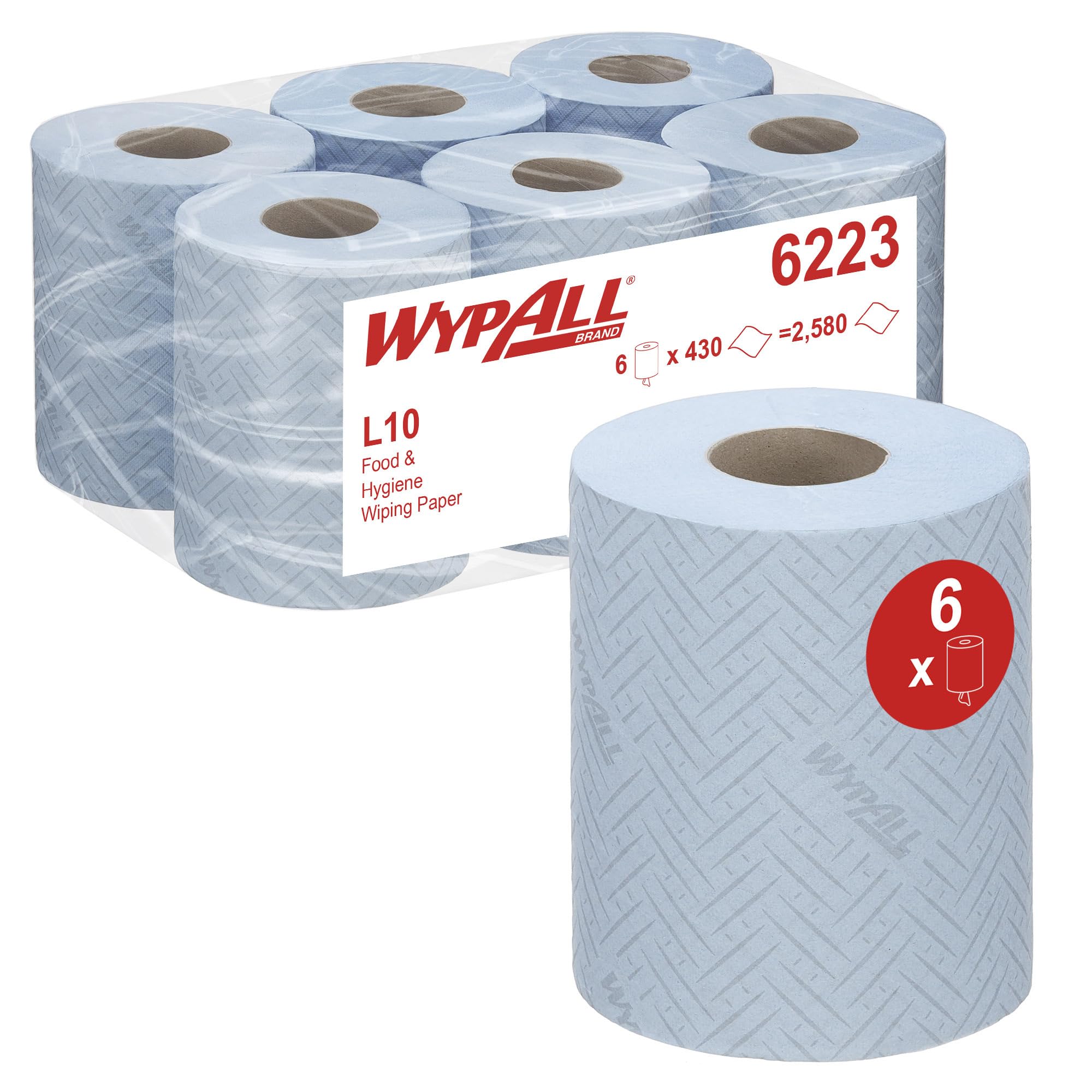 WypAll® L10 Wiping Paper Rolls, Blue 1-Ply Centrefeed Rolls for Food & Hygiene Tasks – Embossed for Strength – 6 Rolls x 430 Sheets (2,580 Total), Model Nr. 6223