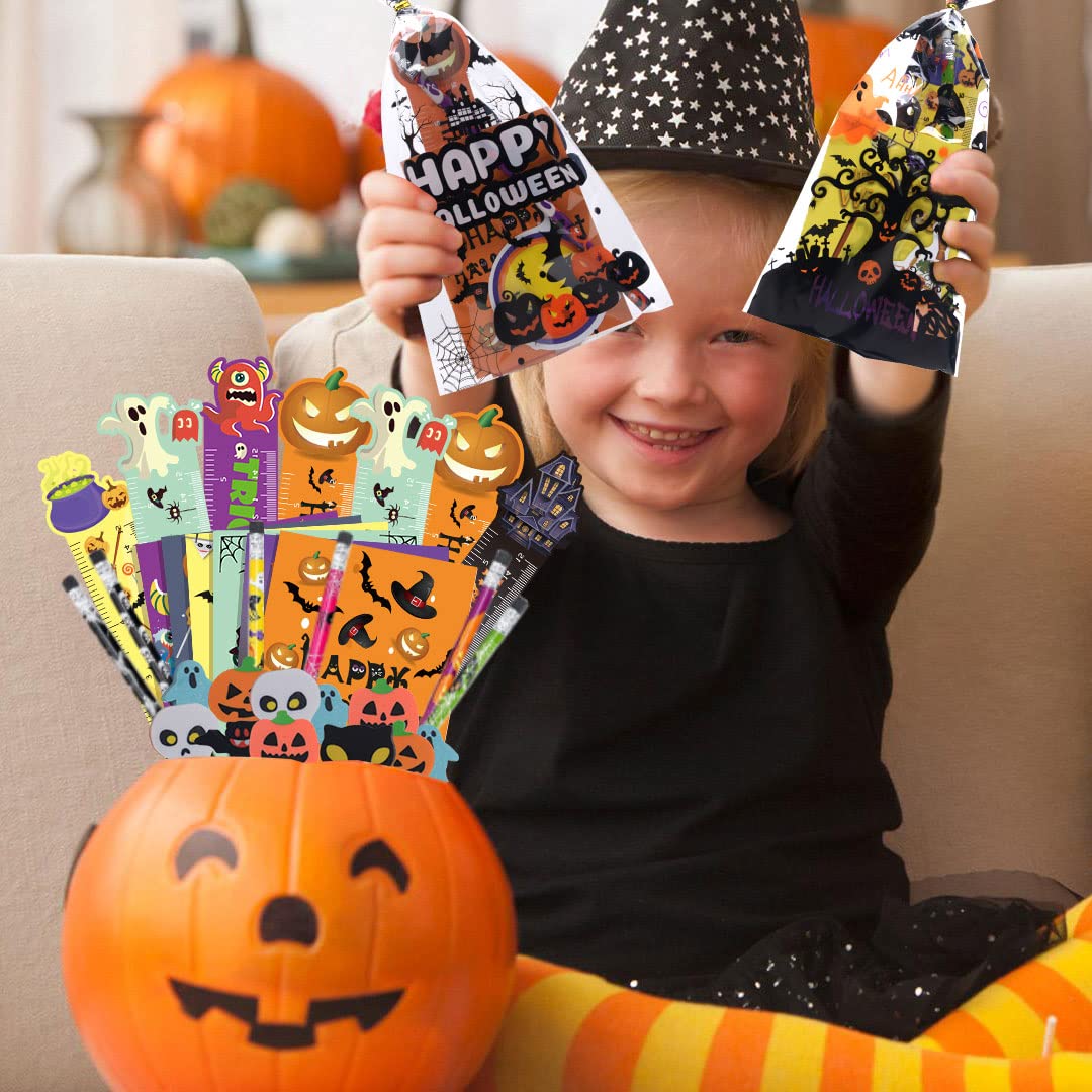 200PCS Halloween Party Favors for Kids Stationery Set, 30 PACK Assorted Halloween Goodie Bag Stuffers, Bulk Halloween Treats Bags for Trick or Treat Pencils Erasers Rulers