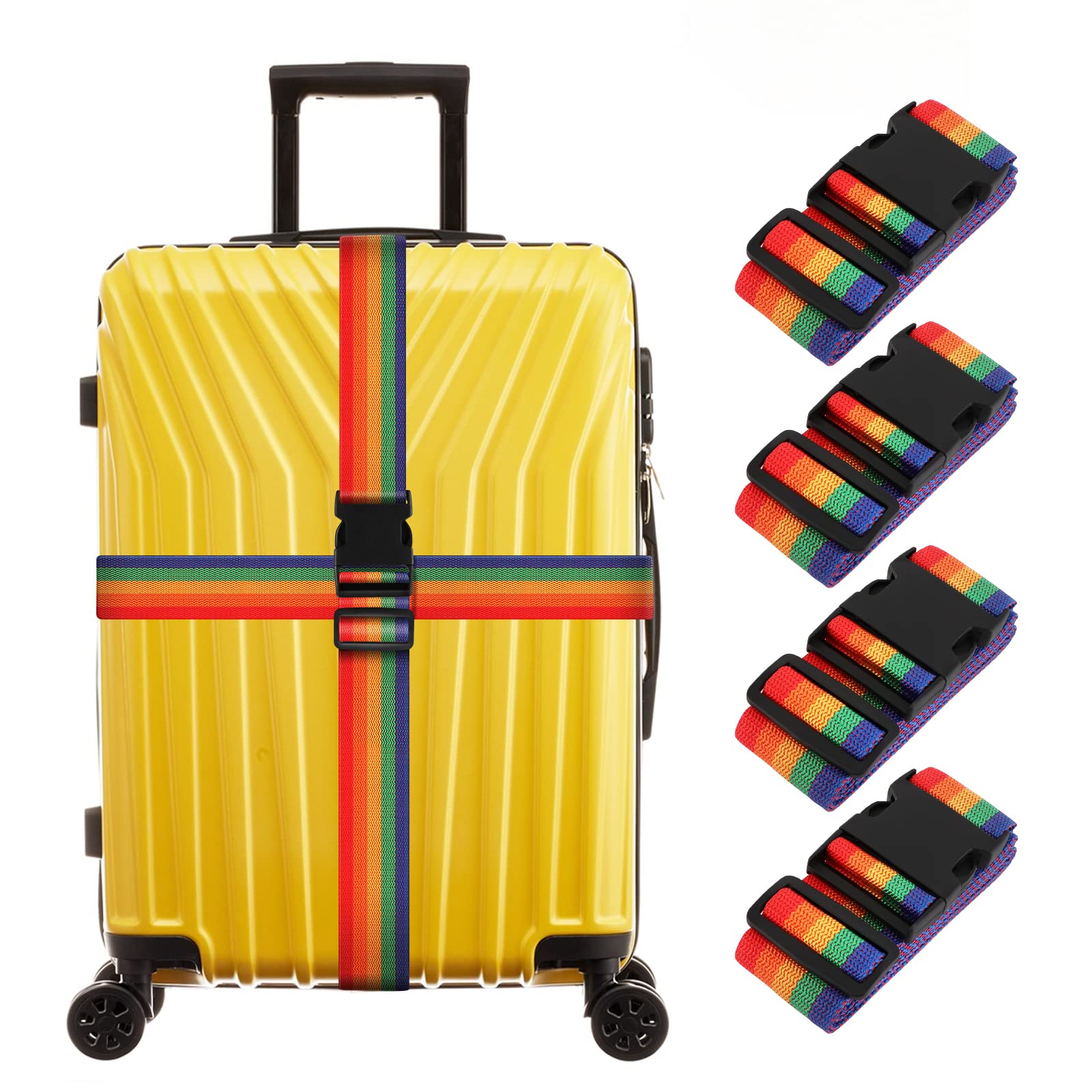 Photo 1 of LVAINIT (Pack of 4) Adjustable Luggage Straps, Wide Travel Secure Belt for Suitcase with Name ID Card, Luggage Accessories to Secure Bag Cargo Safe Quick-Release, Rainbow Color