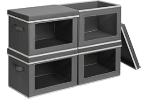 DIMJ Fabric Storage Box with Lid - 4 Pack Stackable Large Closet Storage Bins with Lid & Clear Window for Clothes, Foldable D