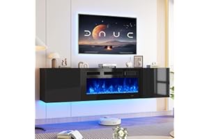 oneinmil 70" Floating TV Stand with 36" Electric Fireplace, Wall Mounted Fireplace Entertainment Center with Storage, Fire Place TV Console for Living Room, All Black