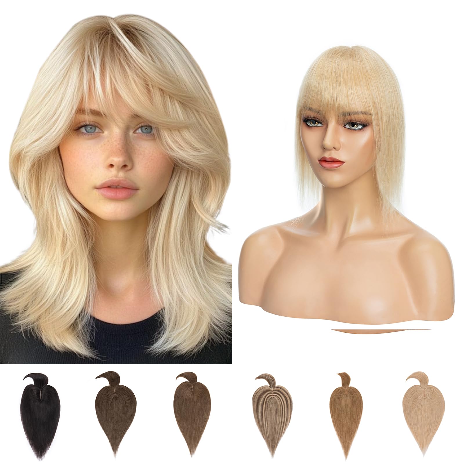 Silk-co Hair Toppers for Thinning Hair Women Real Hair with Fringe Clip in Hair Extensions Toppiece 7 * 13 Base Natural 150% Density 12inches #24 Natural Blonde