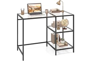 Giantex Computer Desk, 42 Inch Home Office Desk with Tempered Glass, Storage Shelves & Metal Frame, Modern Work PC Desk, Stud