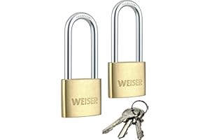 Weiser Brass Padlock, 2 Pack Keyed Alike, Hardened Steel Shackle, Indoor Outdoor Cabinet and Storage Lock, 1-9/16 in Body, 2 