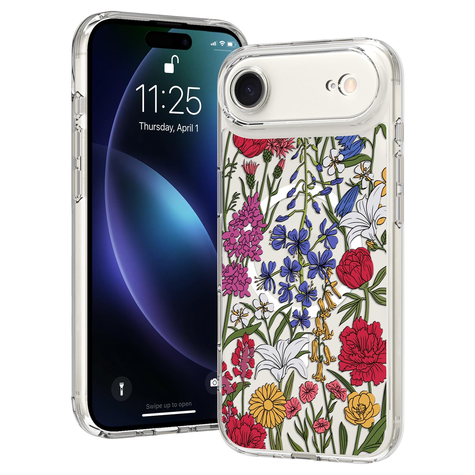 OOK Magnetic for iPhone Air Case, Clear Cute Flowers Floral [Not Yellowing][Screen Protector] [ MagSafe Compatible ] with Full Camera Lens Military-Grade Protected, Vibrant Flowers 6.5-Inch