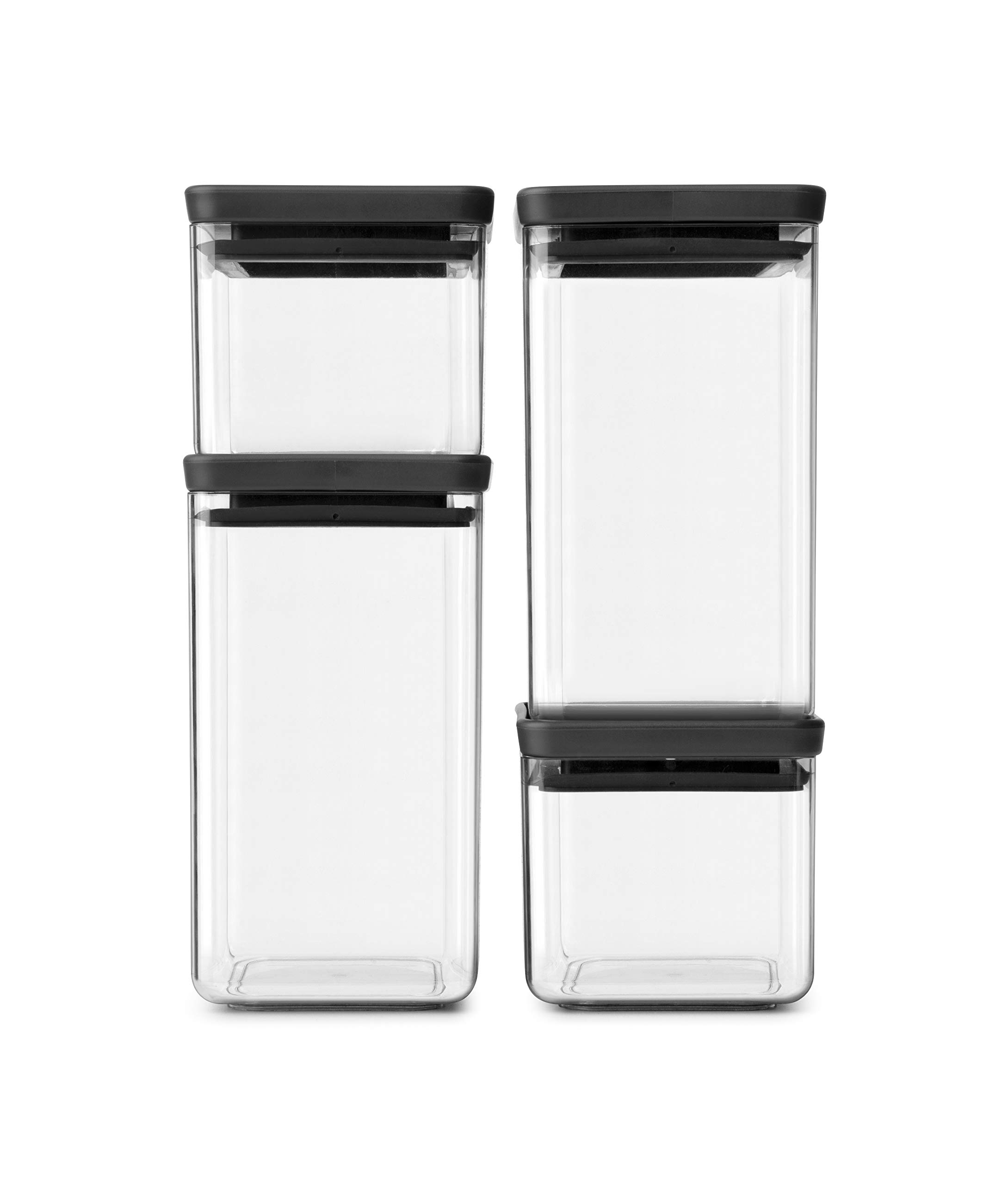 Brabantia Set of 4 Tasty+ Square Stackable Food Canisters/Storage Jars (Dark Grey) Space Saving Transparent Plastic Tubs with Lids, (122422)