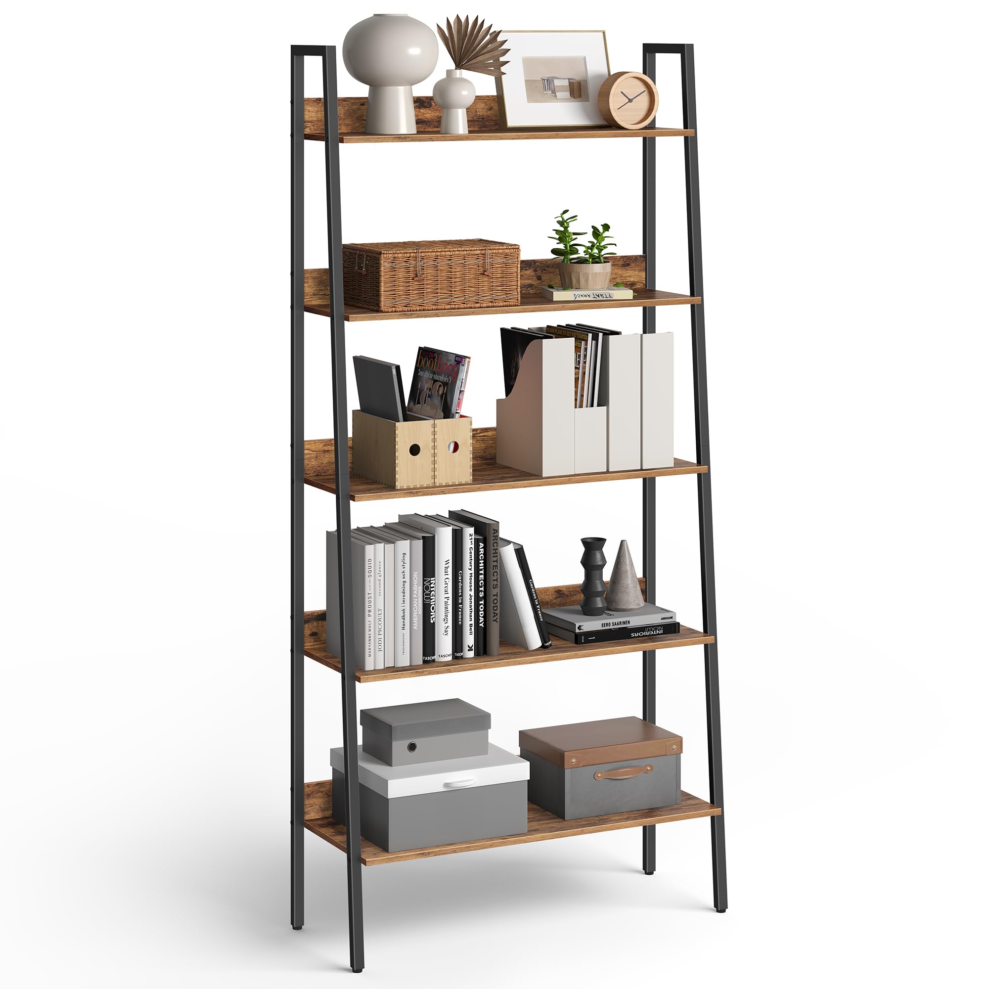 VASAGLE Bookshelf, 5-Tier Bookcase, 11.8 x 31.5 x 66.9 Inches, Ladder Shelf for Home Office, Living Room, Bedroom, Kitchen, Rustic Brown and Ink Black ULLS129B01