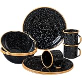 Granite Ware 12-Piece Outdoor Set, Enameled Steel, Perfect for Camping &amp; Picnics - Speckled Black with Color Rim
