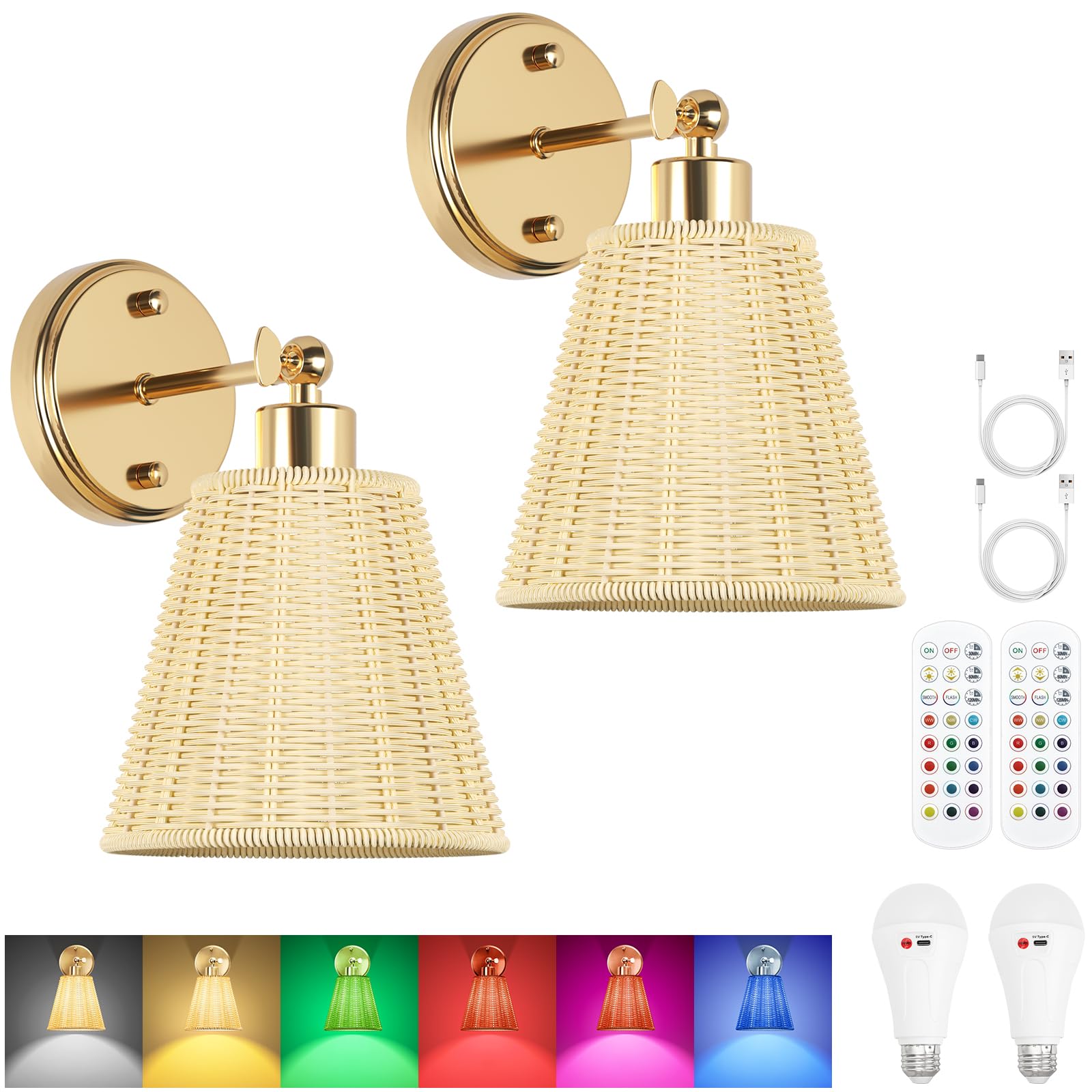 Photo 1 of Frideko Swing Arm Rechargeable Battery Operated Wall Sconces Set of Two with Remote, RGB 15 Colors Dimmable Plastic Wall Light, 5200mAh Indoor Wall Lamp with 3 Timer, Boho Wall Lighting for Bedroom