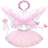 Latocos 5pcs Girls Fairy Wings Costume Kids Toddler Butterfly Wings Wand Tutu Skirt Crown Headband Halloween Dress Up Gift