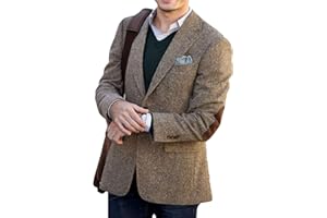 VENNYNG Brown Men's Tweed Blazer Suit Jacket with Elbow Patches Single Breasted Male Short Vintage Trench Coat