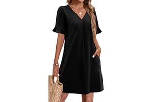 OFEEFAN Summer Dresses for Women Ruffle Short Sleeve V Neck Casual Shift Dress with Pockets