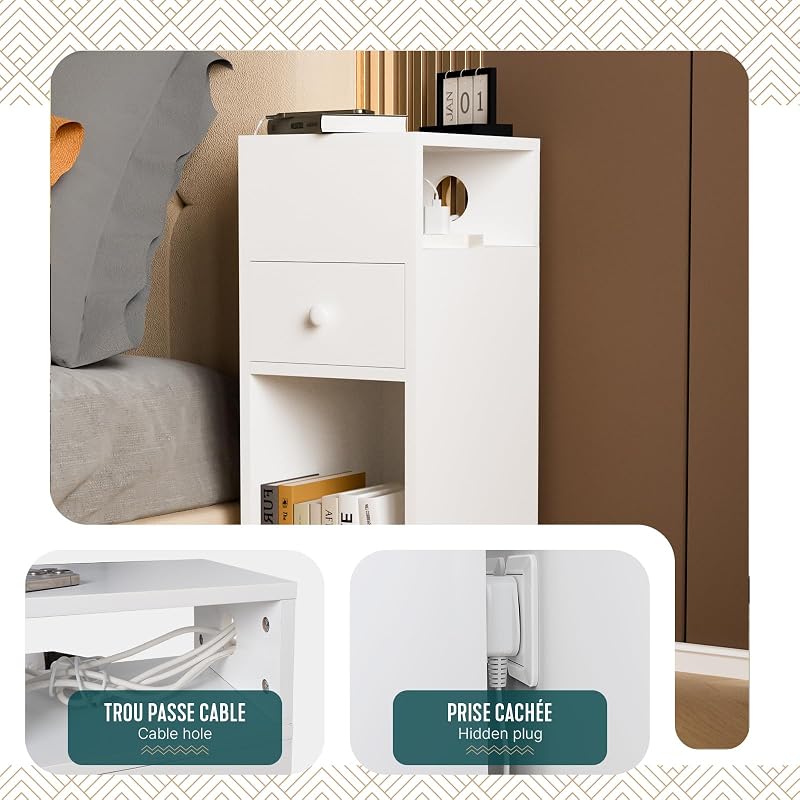 ® Juego de 2 Mesita de Noche Estrecha con 2 Compartimentos Abiertos y 1 Cajón 25x30x66cm, Mesilla de Noche Pequeña Estilo Moderno, Mesa Auxiliar Alta para Dormitorio Salón Sala de Estar, Blanco