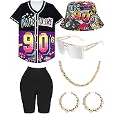 80s 90s Outfit for Women, Unisex Hip Hop Costume Baseball Jersey Shirt Yoga Pants Bucket Hat Gold Chain Rapper Accessories