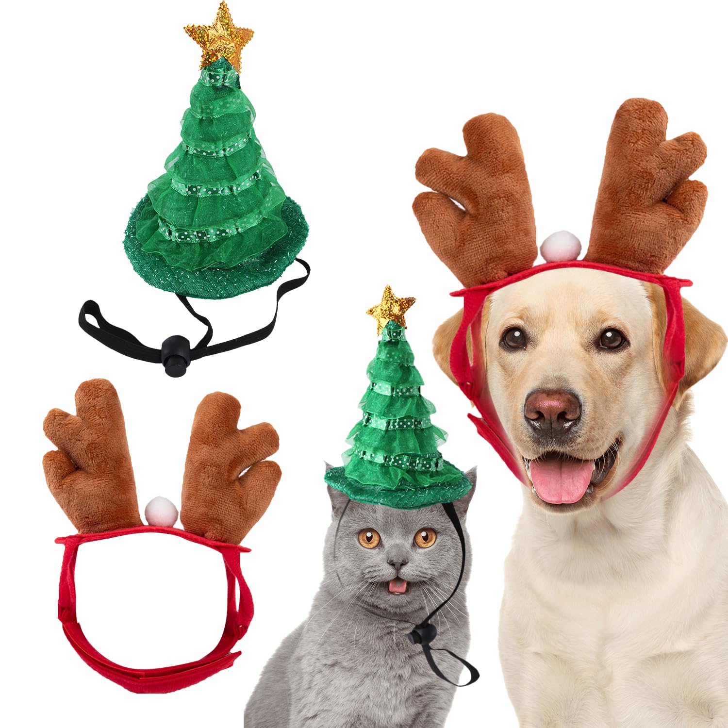 HAICN 2Pieces Pet Christmas Headband Outfit Antlers Headband and Christmas Tree Headband Party Headdress Accessories Gift for Small Cat Puppy