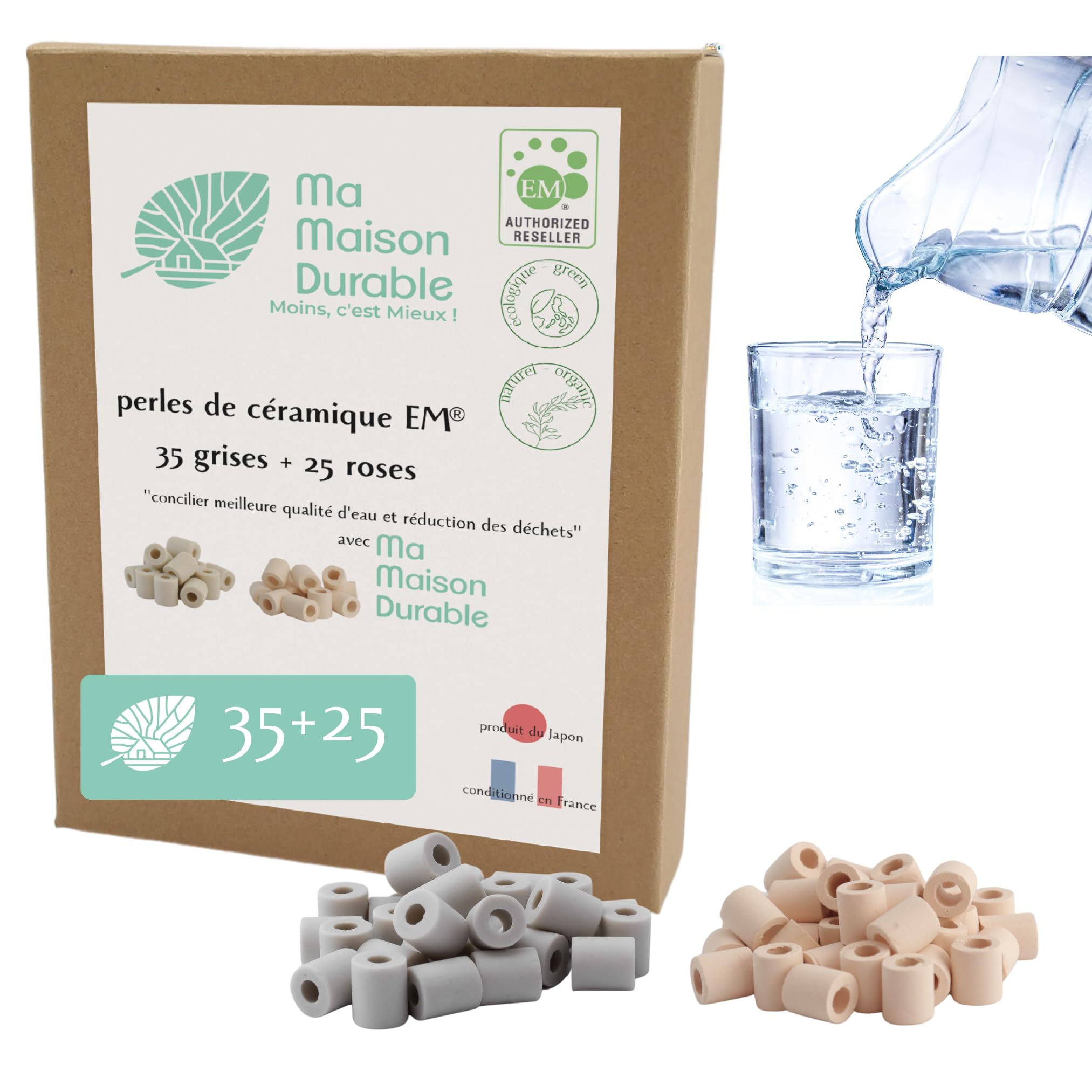 Ma Maison Durable EM® Pack of 60 Ceramic Beads - Pack of 35 Grey + 25 Roses - Natural Tap Water Purifier Filter - Natural Chlorine Limestone Filtration Balls for Pitcher Decanter Water Fountain