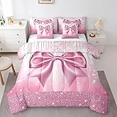 Feelyou Kids Pink Bowknot 7 Pieces Bedding Set Full Size, Dreamy Princess Comforter Set with Sheets Boys Girls Glitter Bed in A Bag Watercolor Bow Teens Bed Set Bedroom Decor 7Pcs