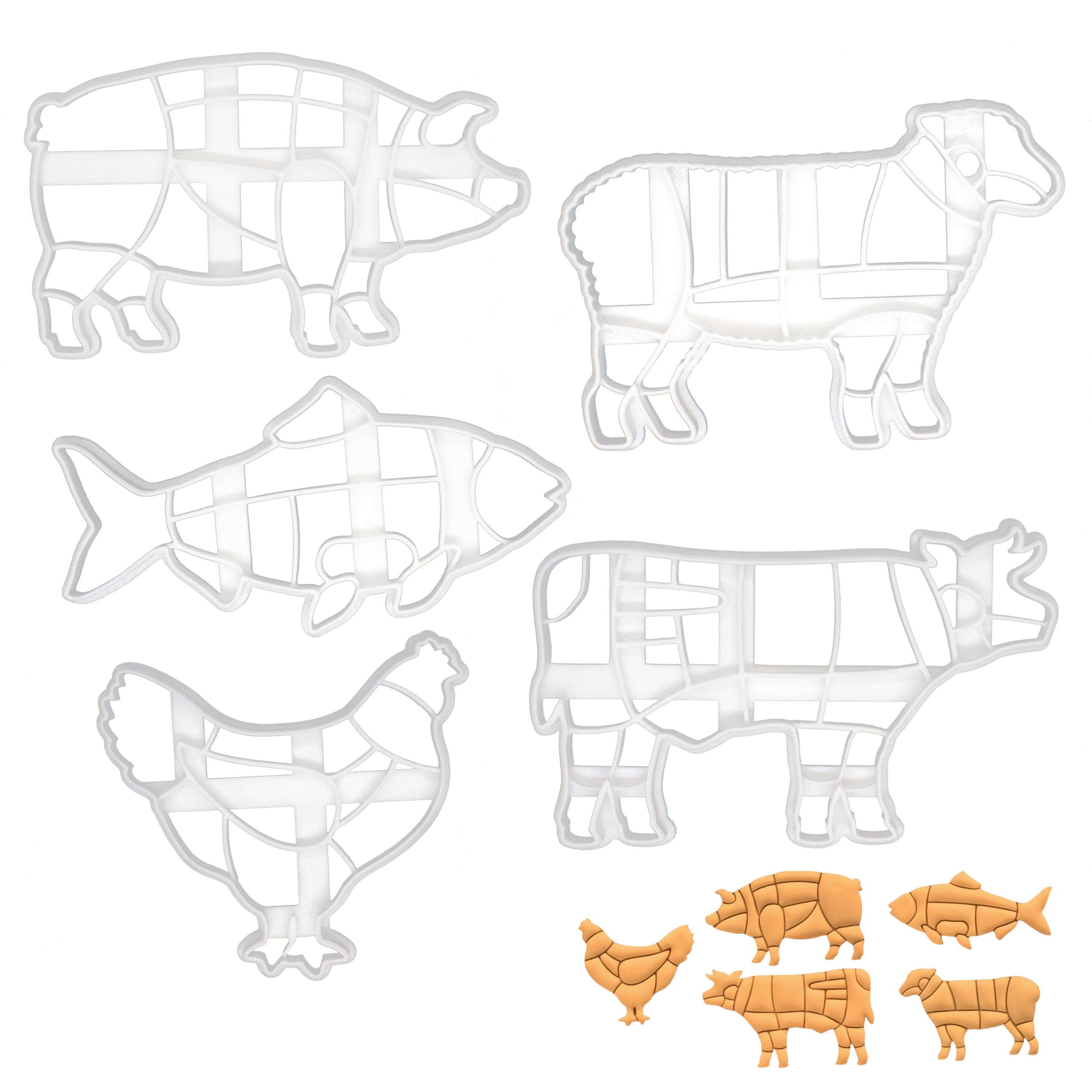 BAKERLOGY Set of 5 Butcher Cut Cookie Cutters (Designs: Chicken, Cow, Pig, Lamb and Fish) - Detailed Biscuit Cutter Design for Baking and Crafts, Ideal on Fondant, Dough, Clay