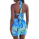 BHMAWSRT Womens Sexy Halter Tie Dye Two Pieces Sets,Y2K Fashion Outfits Sleeveless Tops and Short Skirt