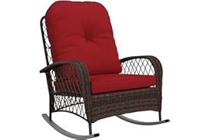 Outsunny Rattan Rocking Chair, Outdoor Wicker Patio Rocker Chair Furniture with Thick Cushions, for Garden Backyard Porch, Re