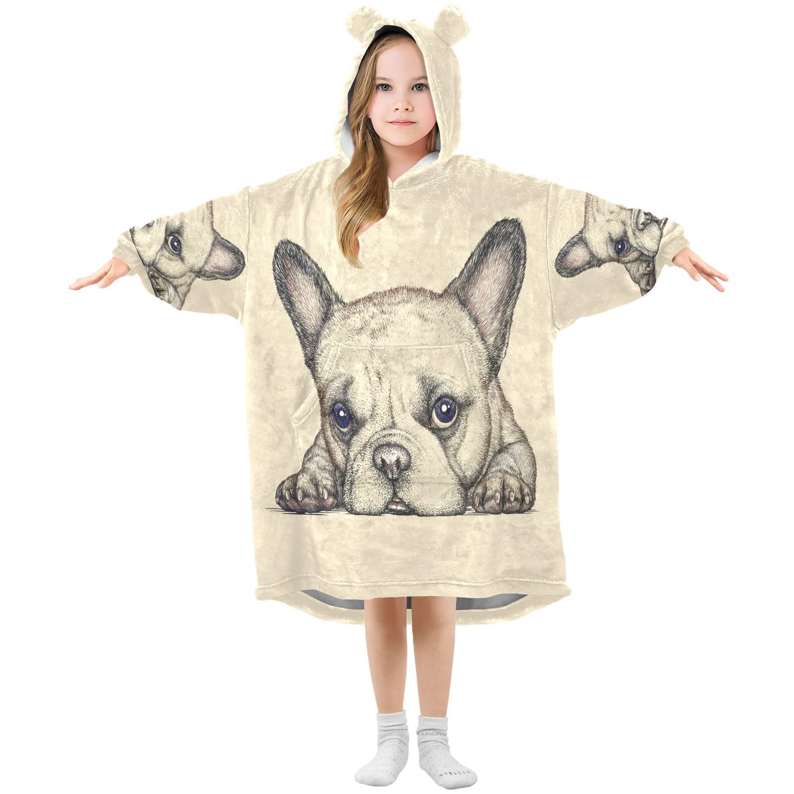 Oversized Blanket Hoodie for Kids Adult Girls Boys, Fleece Hoodie Blanket Cute French Dog Bulldog Super Warm Plush Wearable Blanket Hoodie Sweatshirt with Roomy Pocket, Small