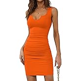 Missufe Women's Sleeveless V Neck Ruched Bodycon Sundress Summer Casual Short Tank Dress