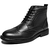 Mens Fashion Dress Boots - Black Genuine Leather Classic Brogue Style Oxford Ankle Boots