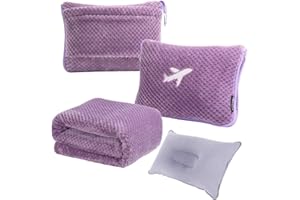 Nenolix 3 in 1 Travel Blanket Pillow Set - 350 GSM Thick Travel Blanket Airplane Compact with Bag, Soft Bag with a Pocket, Inflatable Travel Pillow for Camping & Car Trip (Violet)