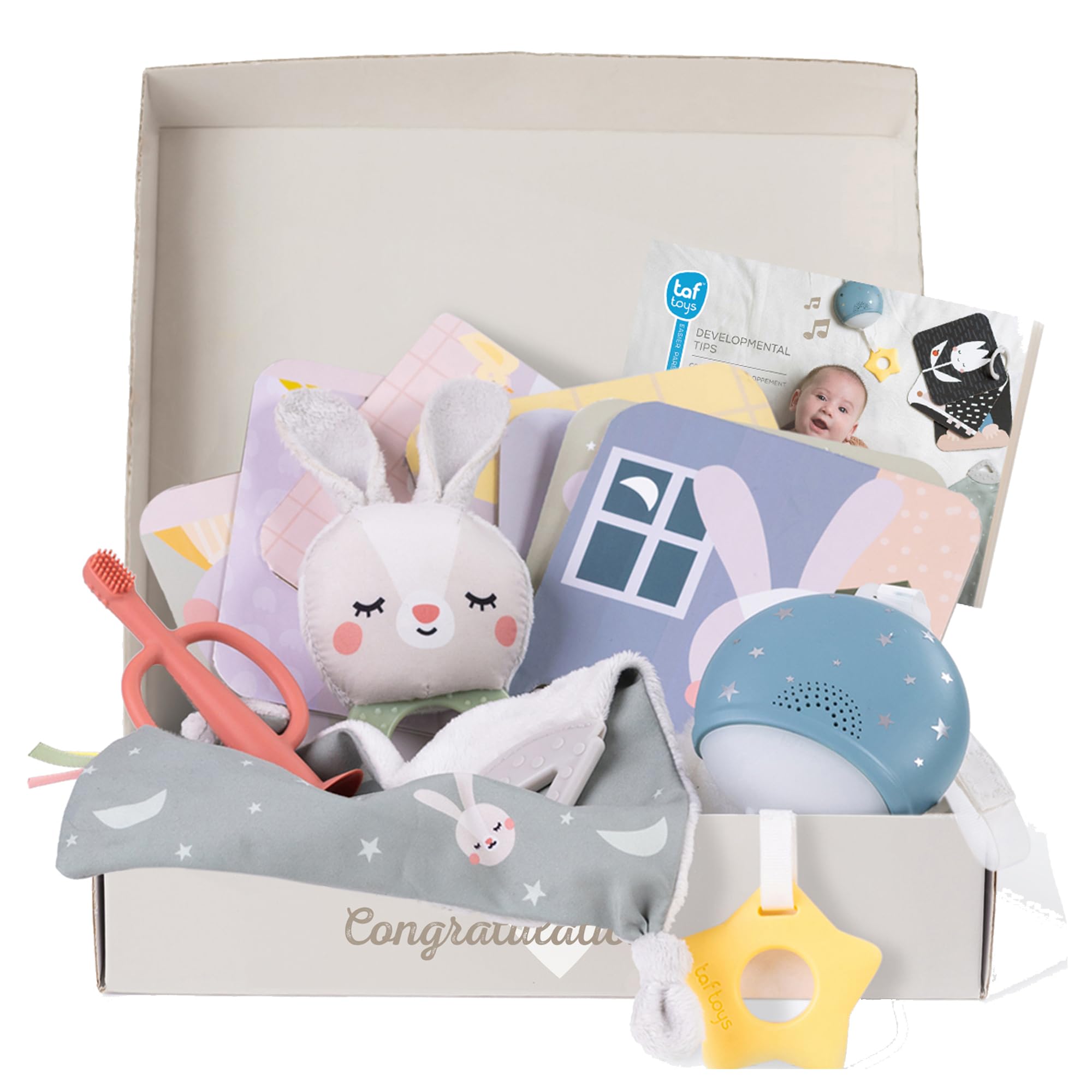 Taf Toys Bedtime Kit. Baby Bed time Gift Set Includes Soothing Music & Lights Unit, 7 Flash Cards, Baby's First Toothbrush, Blankie & Bunny Teether. For Boys & Girls