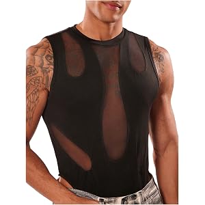 SweatyRocks Men's Sheer Mesh Sleeveless Bodysuit Round Neck Leotard Bodysuits Going Out Tops