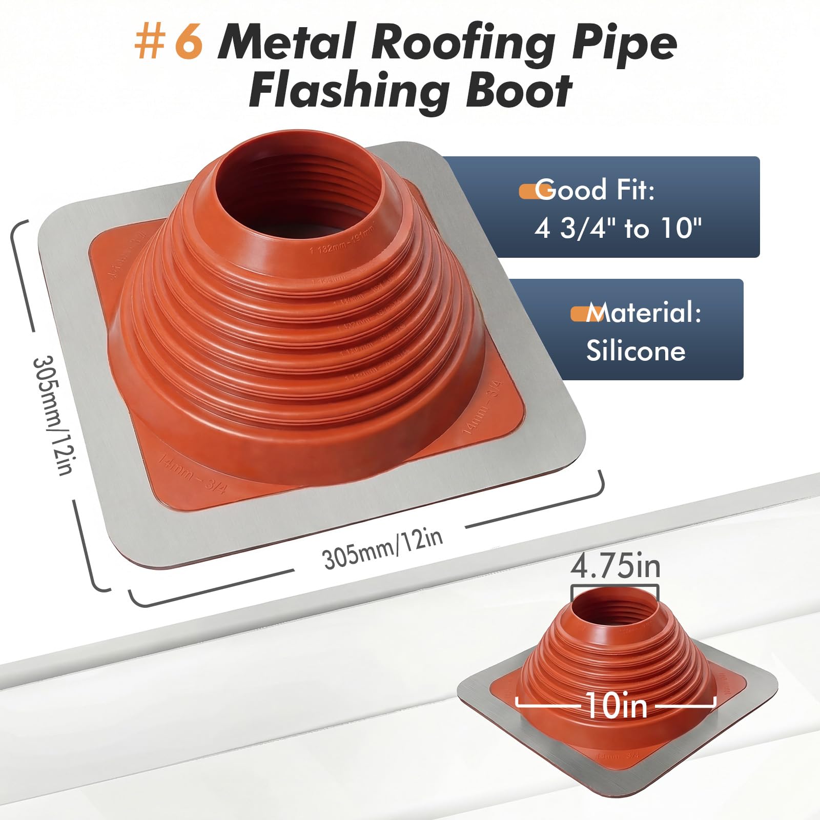 Condition photo showing As Is for #6 metal roof pipe flashing boot, silicone high temp flexible roof jack fits pipe od 4 3/4'' to 10''