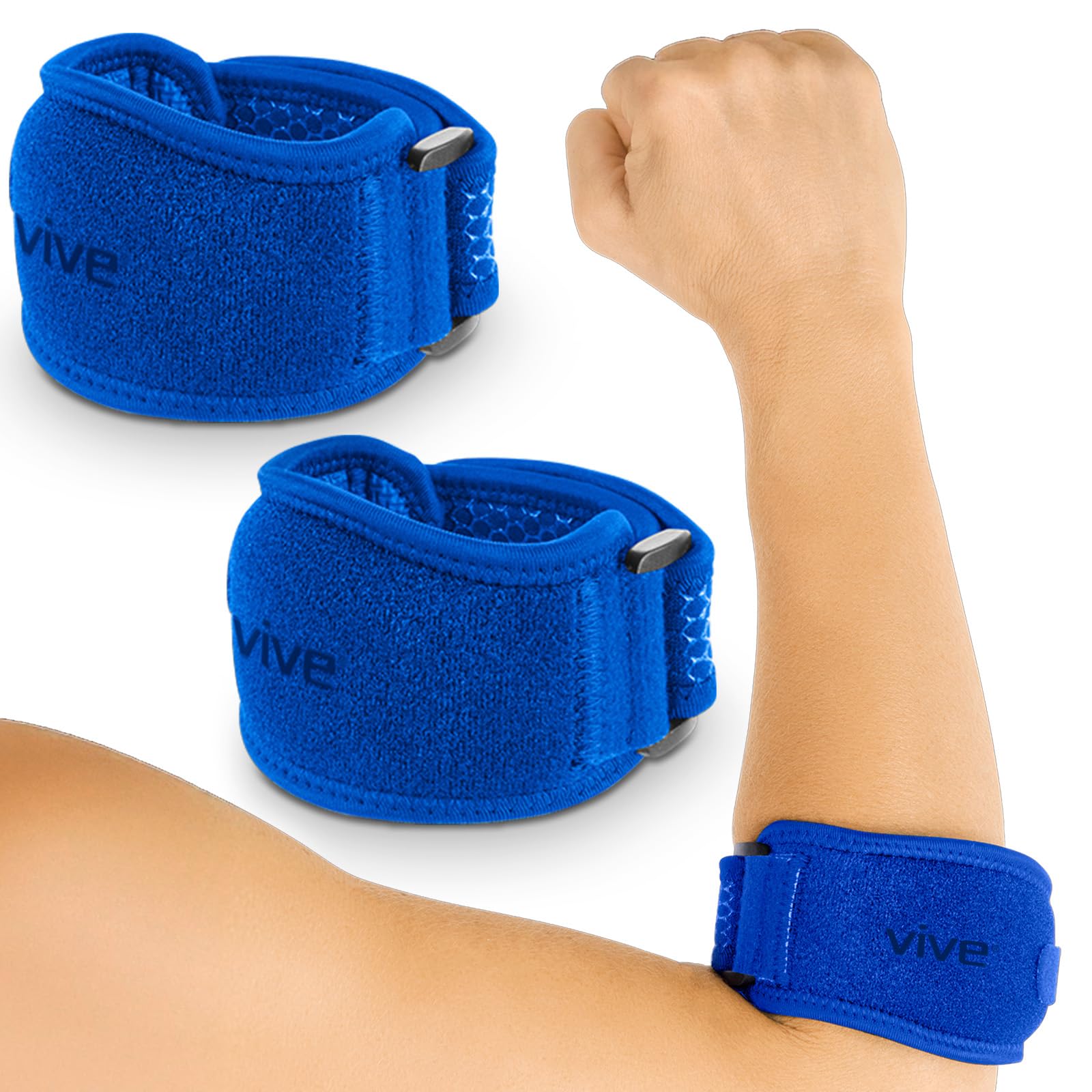 Vive Tennis Elbow Brace (Pair) - Rheumatoid Arthritis Strap For Bursitis, Golfers, Lateral & Medial Epicondylitis, Tendinitis - Padded Compression Arm Support Band (Blue)