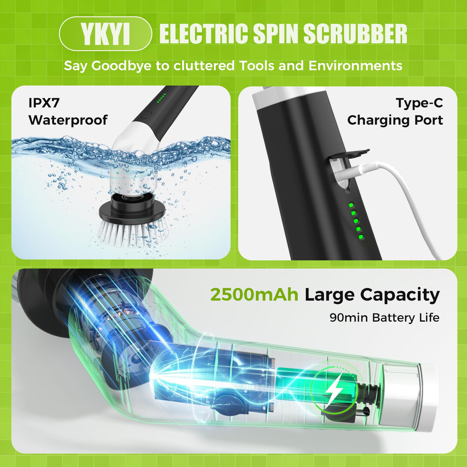 Electric Spin Scrubber,Cordless Electric Cleaning Brush,Shower Scrubber 2 Speeds,8 Brush Heads,IPX7 Waterproof,Adjustable Long Handle for Bathroom, Tub,Tile,and Car