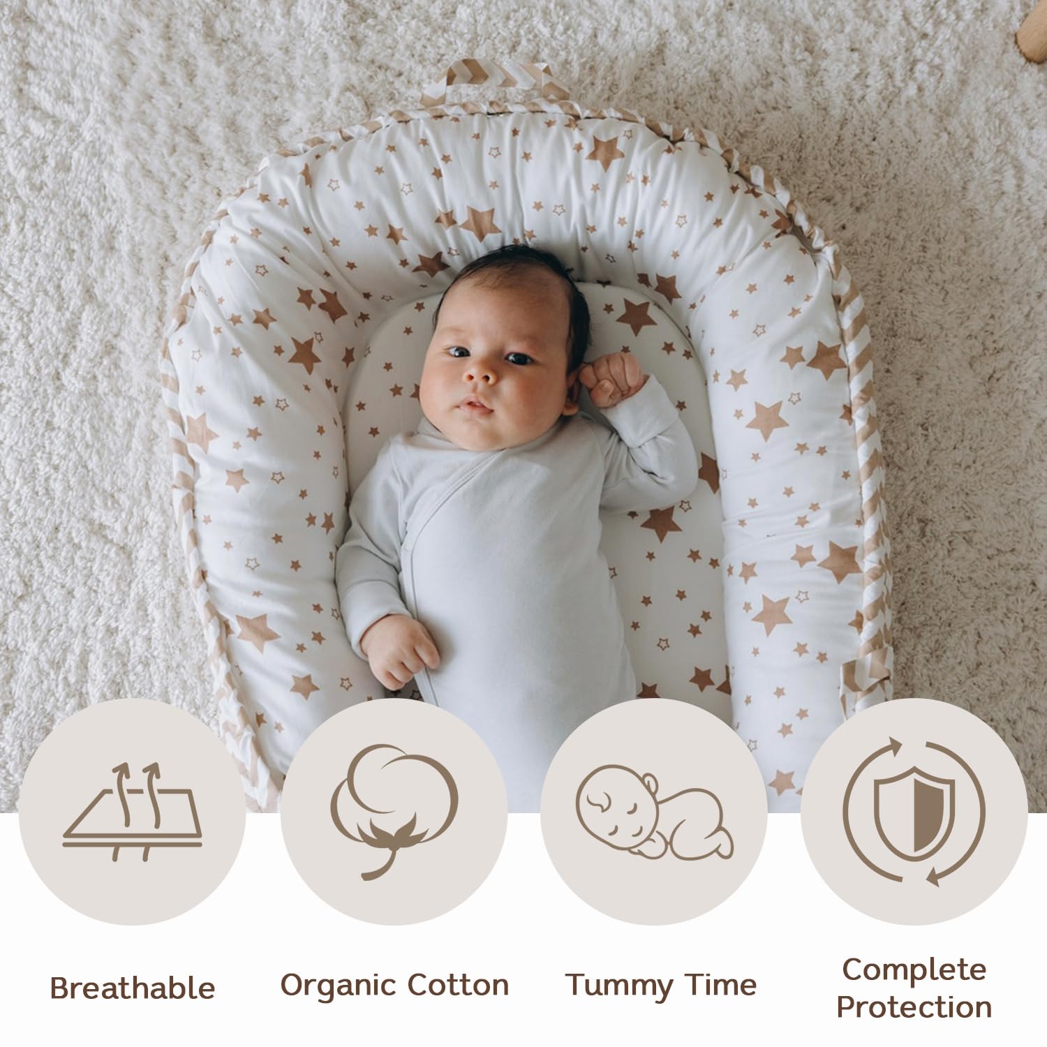 Aila + Aiden Baby Lounger | Organic Cotton Infant Lounger | Reversible, Adjustable & Portable Floor Lounger |Supervised Use | Soft, Breathable, Washable Cover - Star Collection (White/Tan)