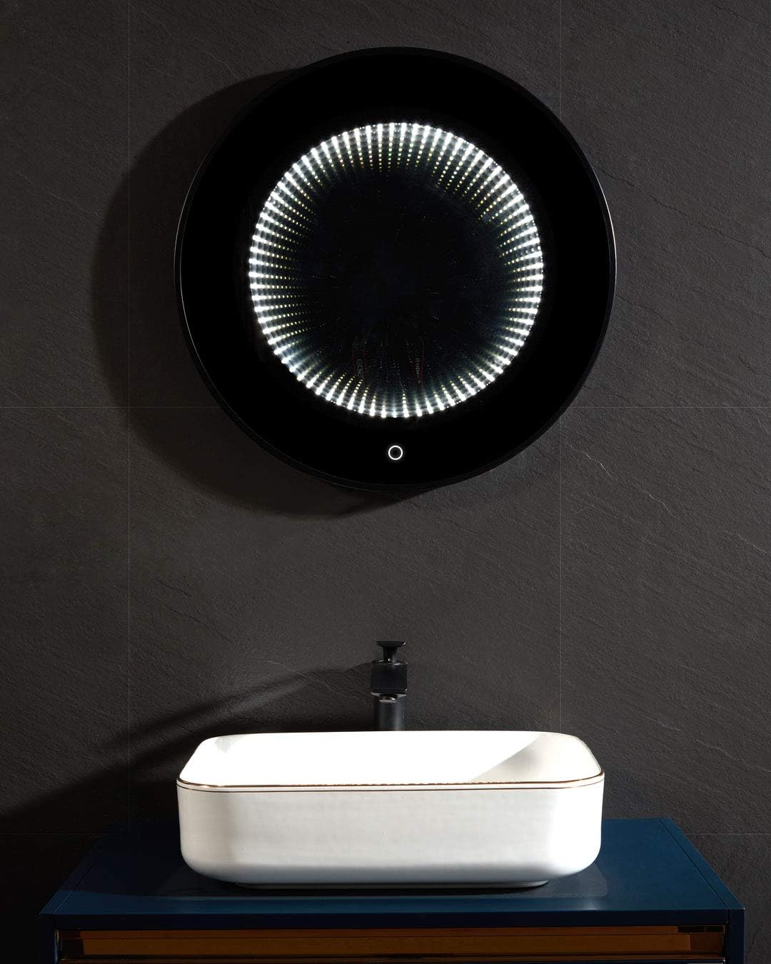 Amazon Com Phasat 24 Inch Led Light Wall Mounted Round Mirror Metal Coated Frame Black Bathroom Mirror For Entryways Living Rooms Ptmy02u Kitchen Dining