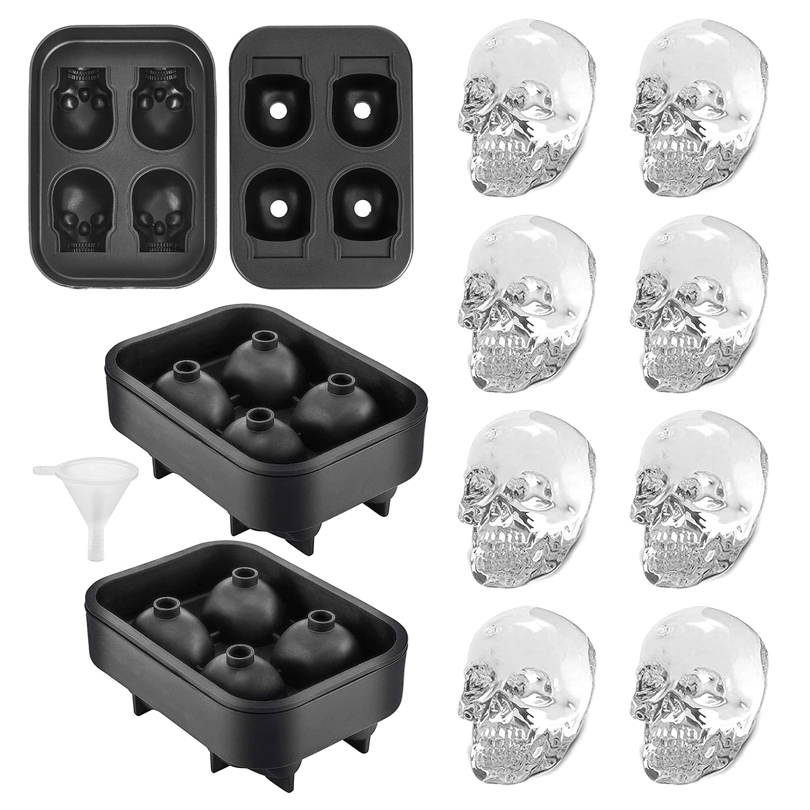 YHT 2 Pack Skull Silicone Ice Cube Trays, Ice Cube Moulds for Whiskey, Easy Release Ice Tray with Lid,Novelty Ice Mold for Cocktails, Black