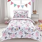Pea Pod Toddler Bedding Set for Girls, 4 Piece Soft & Breathable Floral Crib Bedding Set, Bed-in-A-Bag Toddler Microfiber Sheet Set, Includes Comforter, Flat Sheet, Fitted Sheet, Pillowcase, Pink
