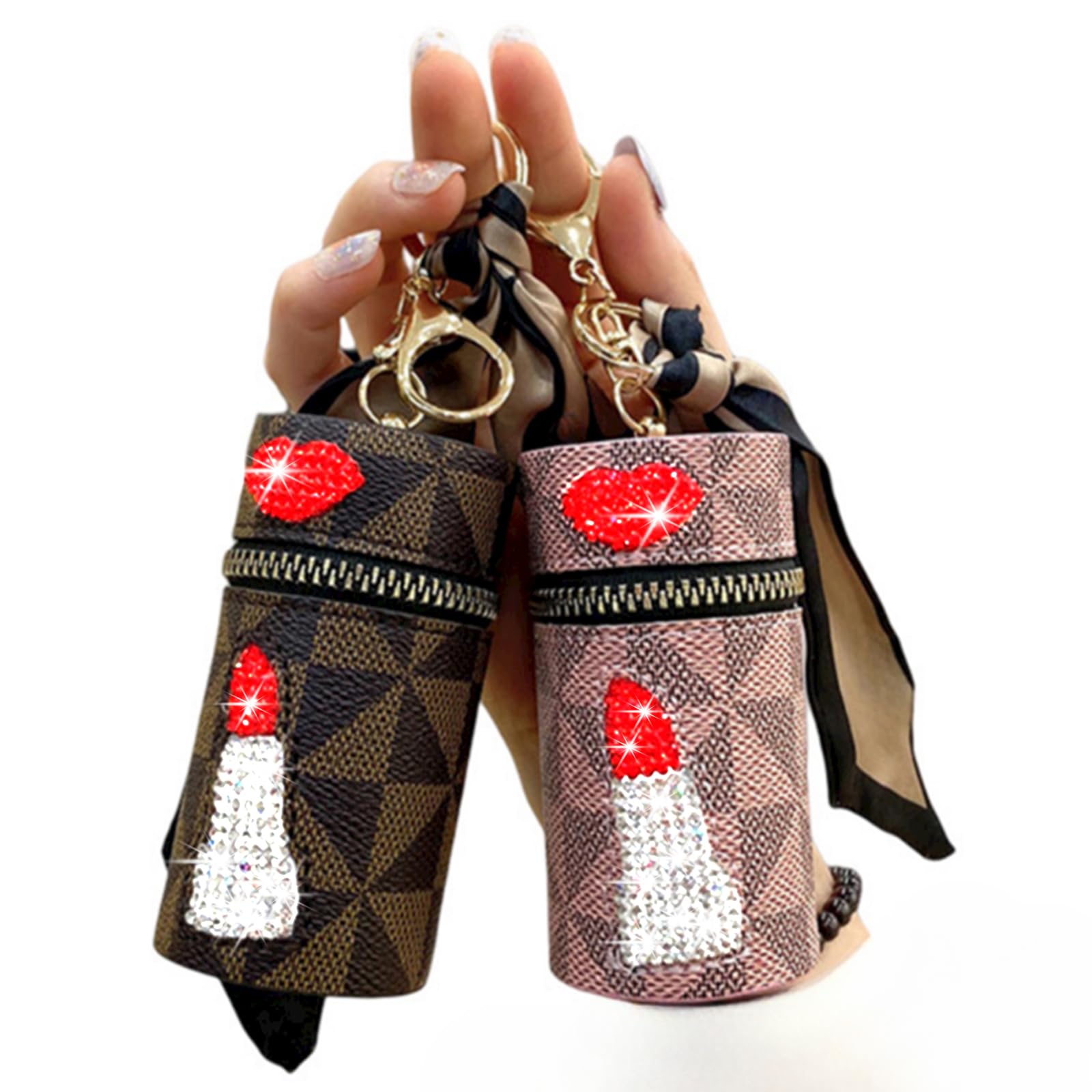 Portable Lipstick Case, 2Pcs Luxury Leather Lipstick Organizer with Mirror, Mini Travel Zipper Keychain Lipstick Storage Pouche for Purse Bag, Lip Gloss Organizer for Lip Balm (Classic, Classic, Pink