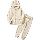 Arshiner Girls 2 Piece Fuzzy Set with Bear Ear Hoodie and Jogger Pants Zip Up Sweatshirt Outfits for Fall Winter 5-13 Years