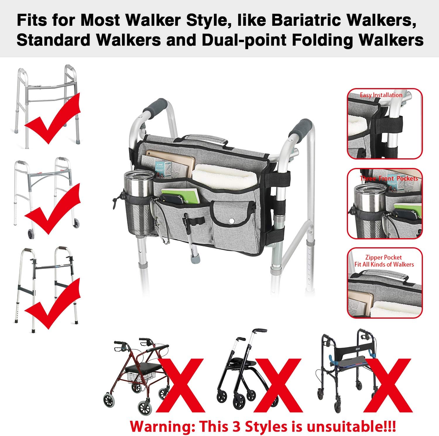Double Sided Walker Bag, Walker Organizer Pouch Tote for Rollator and Folding Walker (Grey): Health & Personal Care