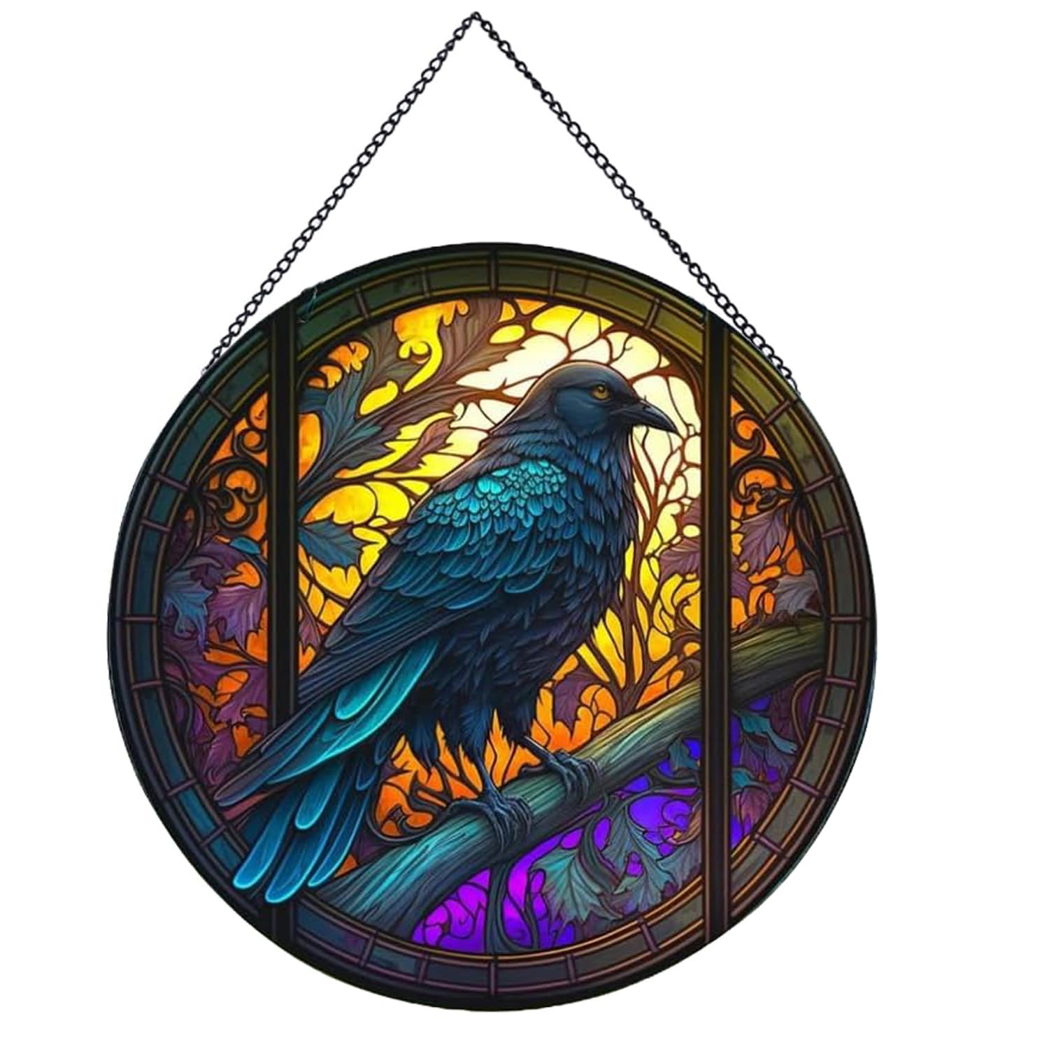 Payutou Crow Pattern Suncatcher Stained Glass,Hanging Stained Glass for Windows for Bird Lovers,20cm/7.87inch Hand-Painted Sun Catcher Garden Hangings Halloween Fall Christmas Decor for Home