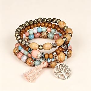 4Pcs/Set Bohemian Vintage Wood Beaded Bracelet, Multilayer Tassel Elastic Bracelet with Turquoise Accent, Handmade Jewelry Se