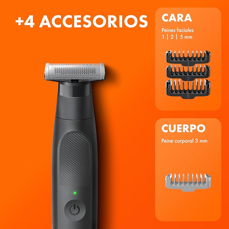 Aparador de barba Fusion One e Barbeador de Corpo, Barbeiro Tudo-Em-Um para Rosto e Corpo, Cabeça Pivotante, 4 Pentes, Resistente à Água, Sem Fios, 45 Minutos de Uso, Aparação e Raspagem