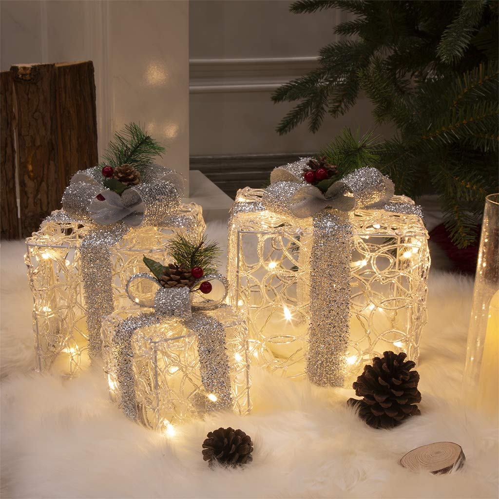 EAMBRITE 3PK Light up Present Boxes Silver Gift Boxes with Warm White Lights Plug in for Christmas Decorations Home and Outdoor Décor