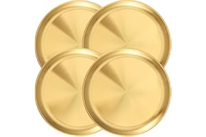 JOIKIT 4 Pack 10 Inch Gold Stainless Steel Plate, Round Metal Dinner Plates, Kitchenware Dinner Dishes Serving Tray Large Cam