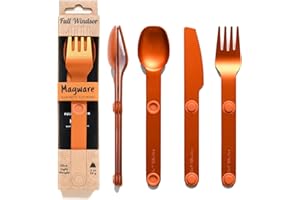 FULL WINDSOR - MAGWARE Magnetic Camping Cutlery Set - Travel Utensils for Camping, Cooking, and Outdoor Dining - Knife, Fork & Spoon - Portable Silverware with Pouch for Backpacking - Orange (3 PCS)