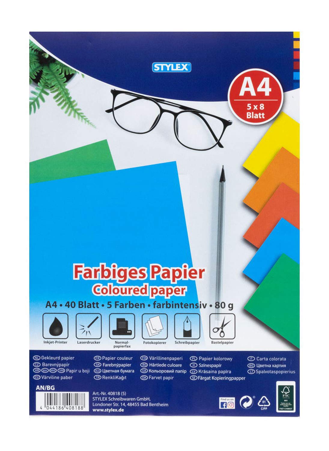 Stylex 40818 Coloured Paper – Intensive 5 Assorted Colors, 40 Sheets, 80 g/m²