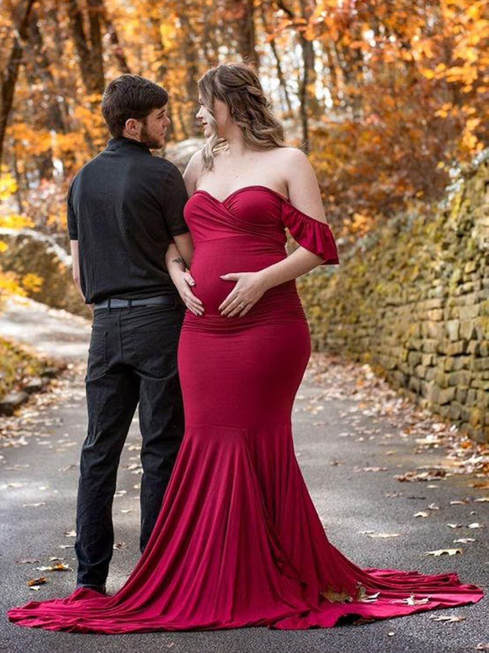 Saslax Off Shoulder Ruffle Sleeves Elegant Fitted Maxi Maternity Dress for Photoshoot Baby Shower: Clothing